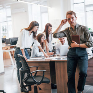 Team discussing ideas in an open-plan office