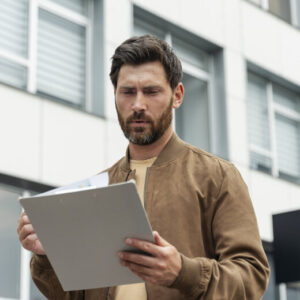 Man reviewing documents outside a modern office building